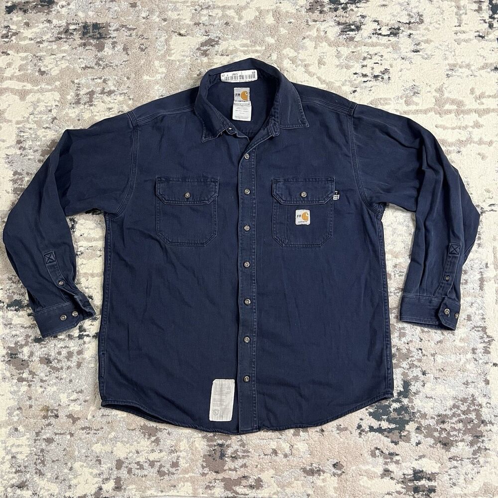 Carhartt FR Shirt Mens Large Navy Long Sleeve Button Down Flame Resistant 2112